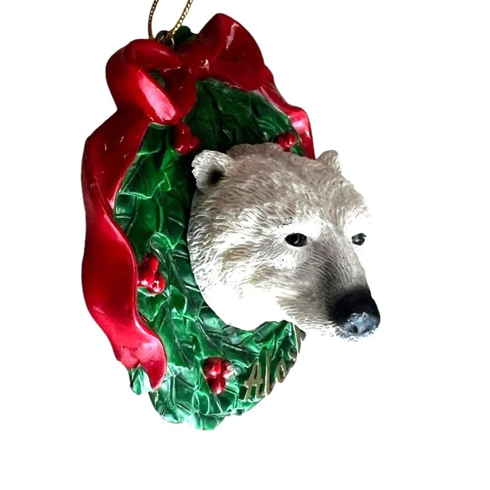 Polar Bear Christmas Ornament Alaska Wreath With Red Bow & Berries - White Green - Picture 2 of 8
